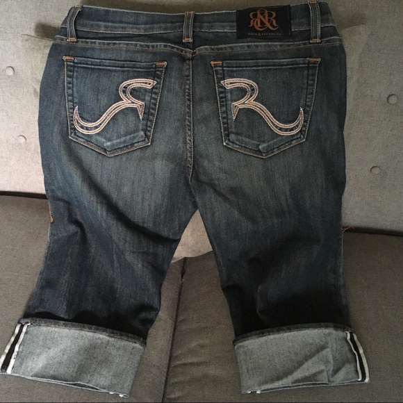 Rock & Republic Double R Embroidered Jeans Womens Size 6 28 capri stitch cuff - Picture 8 of 16